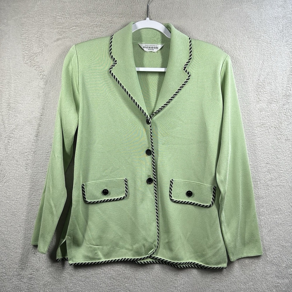 Exclusively Misook Petite Knit Cardigan Blazer Women's MP Light Green Black Trim